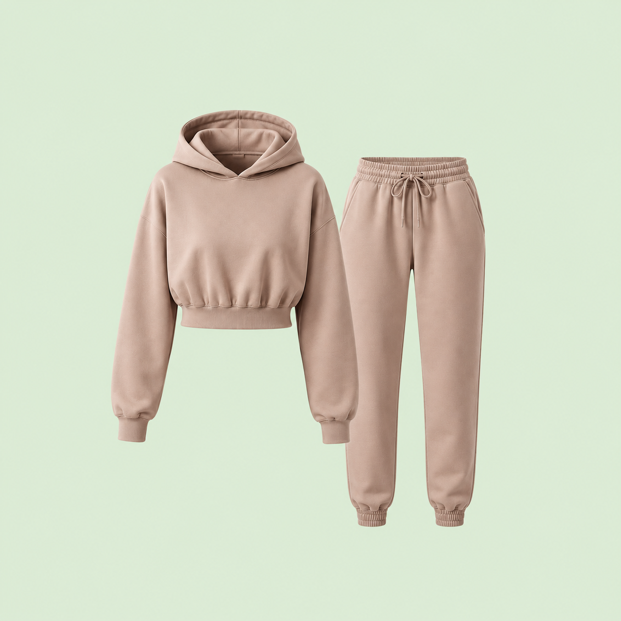 Women's matching hoodie and jogger sweatpants set in a soft beige color on a light green background. Stylish two-piece loungewear outfit for casual wear, activewear, fashion catalogs, eCommerce stores, and apparel websites.