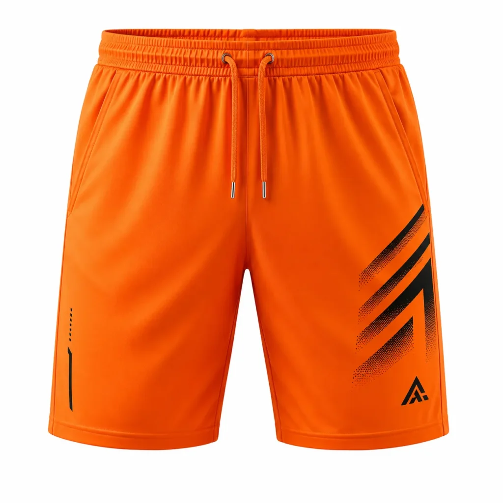 Bright orange athletic shorts with elastic waistband, drawstring and black side graphic.