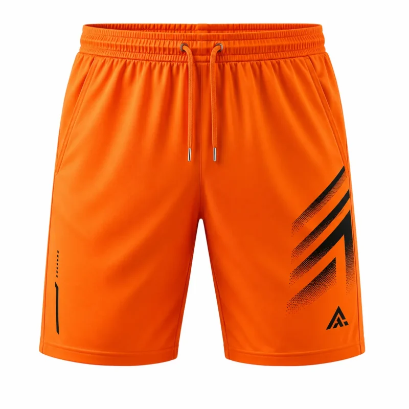 Bright orange athletic shorts with elastic waistband, drawstring and black side graphic.
