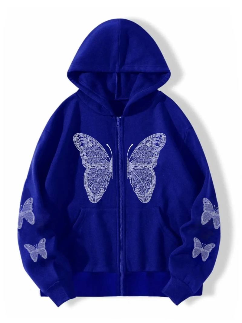 Blue shiny butterfly graphic design for custom apparel, featuring a glossy and eye-catching butterfly motif suitable for T-shirts, hoodies, streetwear collections, private label fashion brands, custom clothing lines, and professional apparel manufacturing by Multypros.