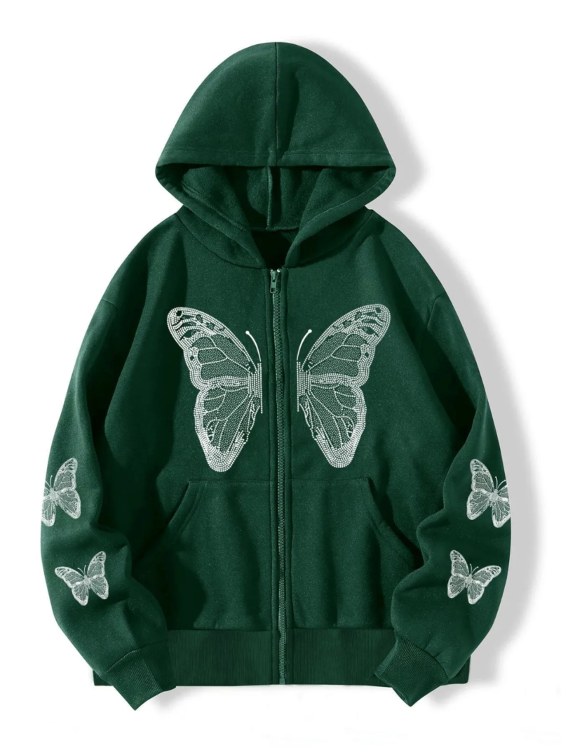 Green butterfly graphic design for custom apparel, featuring a stylish and detailed butterfly motif suitable for T-shirts, hoodies, streetwear collections, private label fashion brands, custom clothing lines, and professional apparel manufacturing by Multypros.