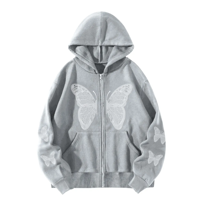 Grey butterfly graphic design for custom apparel, featuring a detailed and stylish butterfly motif suitable for T-shirts, hoodies, streetwear collections, private label fashion brands, custom clothing lines, and professional apparel manufacturing by Multypros.