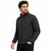 Charcoal Jacket Studio Portrait Mens black jacket styled for modern streetwear, featuring a stand collar, full zip closure, secure side pockets, long sleeves and elastic cuffs with a clean minimalist appearance.