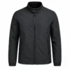 Charcoal Stand-Collar Zip Jacket Mens black jacket with a stand collar, full front zipper, two secure zippered pockets, long sleeves and elastic cuffs, featuring a clean minimalist design for casual and streetwear.