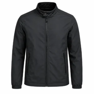 Charcoal Stand-Collar Zip Jacket Mens black jacket with a stand collar, full front zipper, two secure zippered pockets, long sleeves and elastic cuffs, featuring a clean minimalist design for casual and streetwear.