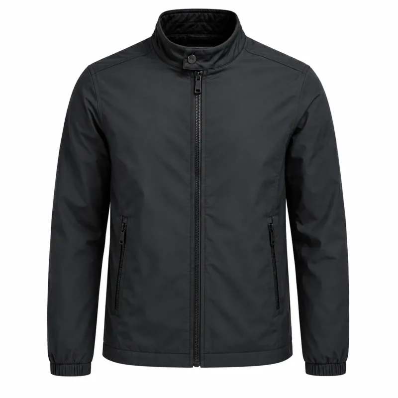 Charcoal Stand-Collar Zip Jacket Mens black jacket with a stand collar, full front zipper, two secure zippered pockets, long sleeves and elastic cuffs, featuring a clean minimalist design for casual and streetwear.