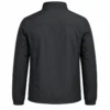 Minimalist Black Jacket Back View Back view of a mens black jacket featuring a stand collar, long sleeves, elastic cuffs, clean stitching and a minimalist silhouette suitable for casual and custom apparel.