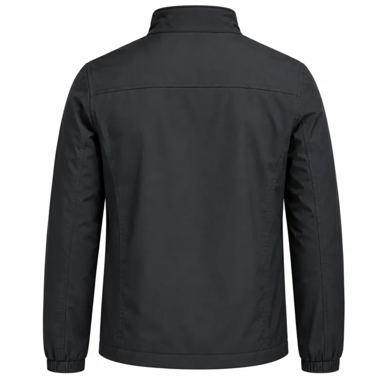 Minimalist Black Jacket Back View Back view of a mens black jacket featuring a stand collar, long sleeves, elastic cuffs, clean stitching and a minimalist silhouette suitable for casual and custom apparel.