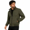 Olive Bomber Jacket Fashion Portrait Man wearing a green bomber jacket with a full front zipper, stand collar, secure zippered pockets, ribbed cuffs and waistband for a modern casual streetwear look.