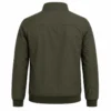 Olive Green Bomber Jacket Back View Back view of a green bomber jacket featuring a stand collar, full zipper, ribbed waistband and cuffs, clean stitching and a classic minimalist silhouette.