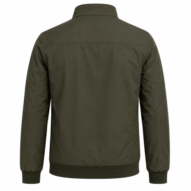 Olive Green Bomber Jacket Back View Back view of a green bomber jacket featuring a stand collar, full zipper, ribbed waistband and cuffs, clean stitching and a classic minimalist silhouette.
