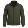 Olive Green Bomber Jacket on White Green bomber jacket with a stand collar, full front zipper, two secure zippered pockets, ribbed waistband and cuffs, featuring a clean modern design for men.