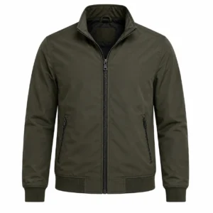 Olive Green Bomber Jacket on White Green bomber jacket with a stand collar, full front zipper, two secure zippered pockets, ribbed waistband and cuffs, featuring a clean modern design for men.