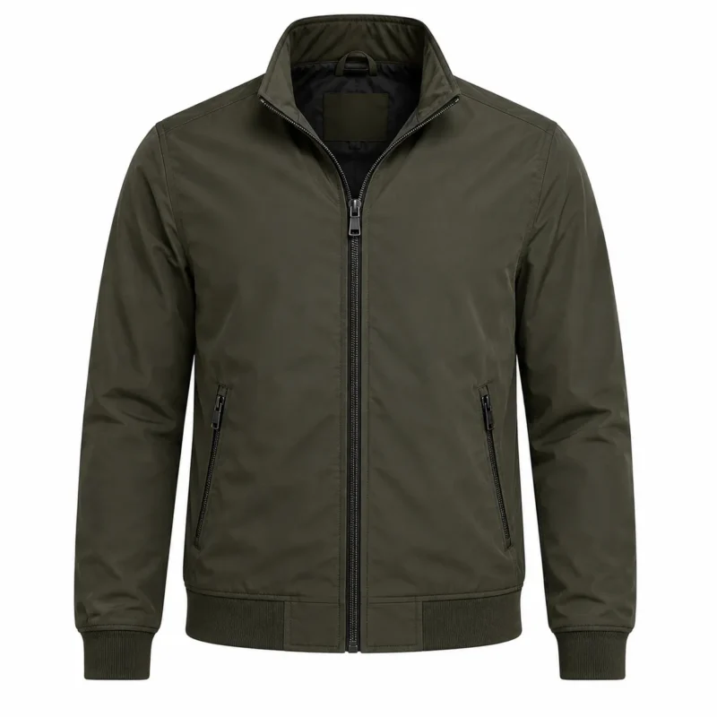 Olive Green Bomber Jacket on White Green bomber jacket with a stand collar, full front zipper, two secure zippered pockets, ribbed waistband and cuffs, featuring a clean modern design for men.