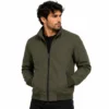 Olive Green Jacket Catalogue Portrait Men's green bomber jacket styled for streetwear, featuring a full zip closure, stand collar, ribbed waistband and cuffs, secure side pockets and minimalist detailing.