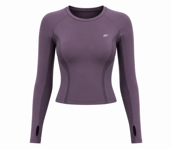 Plum Top – Front Women’s plum purple technical performance top with long sleeves, contoured body panels, breathable mesh side panels, flatlock stitching, crew neck, and thumbhole cuffs