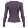 Plum Top – back Back view of women’s plum technical performance top featuring ergonomic panel seams, breathable mesh ventilation panels, center back detailing, long sleeves, and thumbhole cuffs