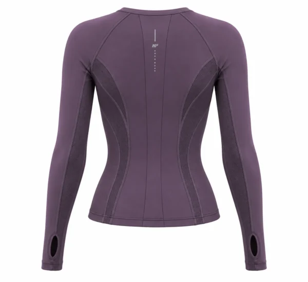 Plum Top – back Back view of women’s plum technical performance top featuring ergonomic panel seams, breathable mesh ventilation panels, center back detailing, long sleeves, and thumbhole cuffs