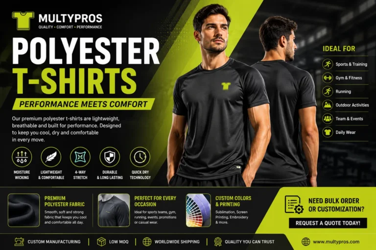 Multypros polyester T-shirts banner featuring custom sportswear manufacturing, performance fabric, moisture wicking, quick dry technology, custom printing, low MOQ and bulk orders.
