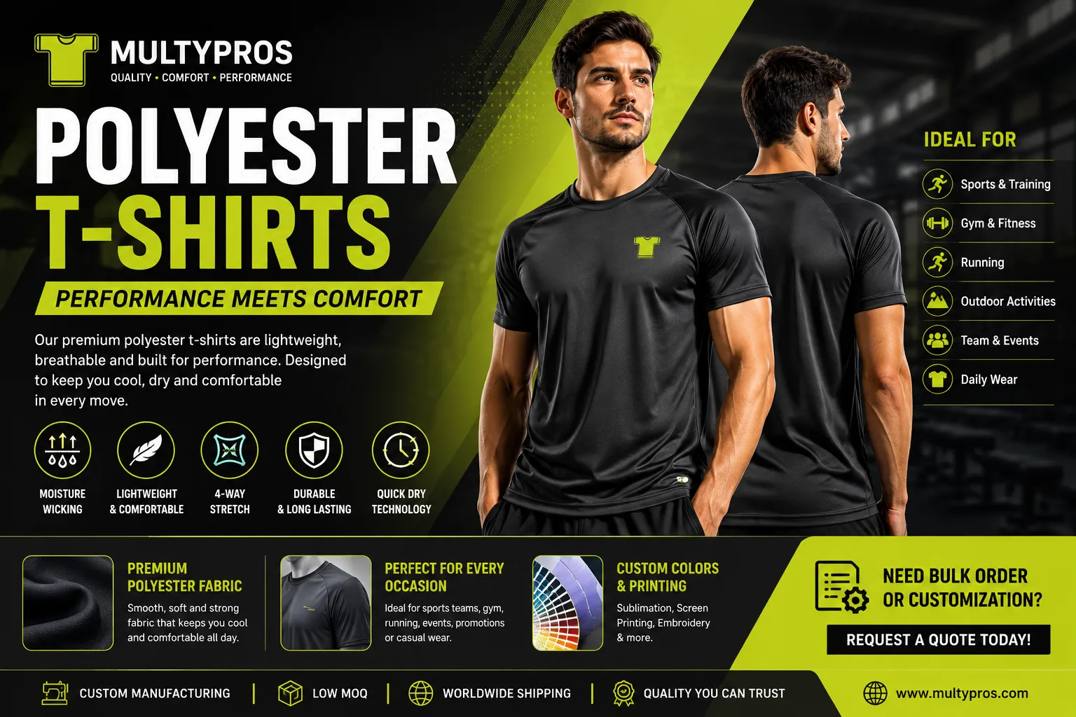 Multypros polyester T-shirts banner featuring custom sportswear manufacturing, performance fabric, moisture wicking, quick dry technology, custom printing, low MOQ and bulk orders.