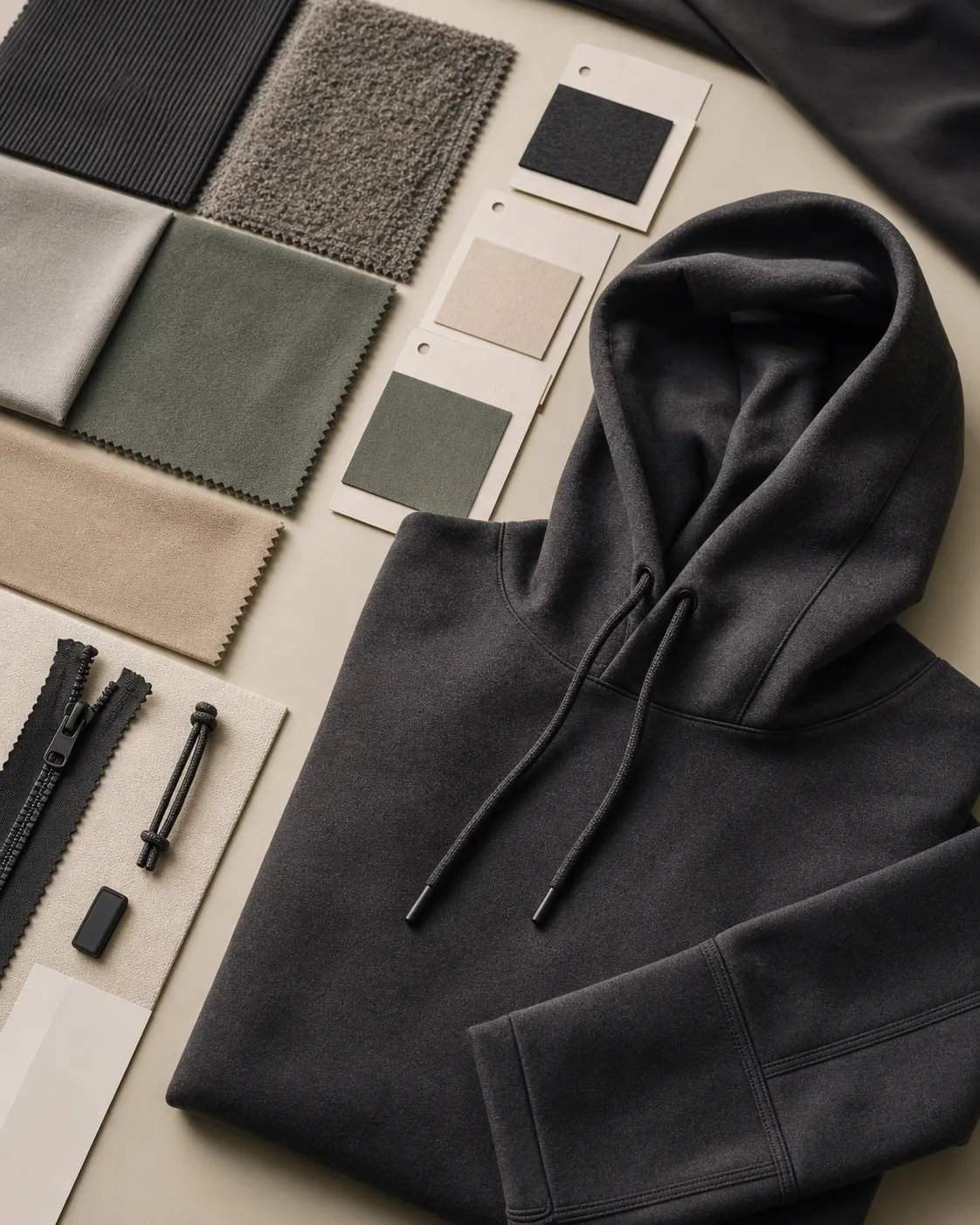Premium activewear hoodie sample displayed with fabric swatches and finishing details