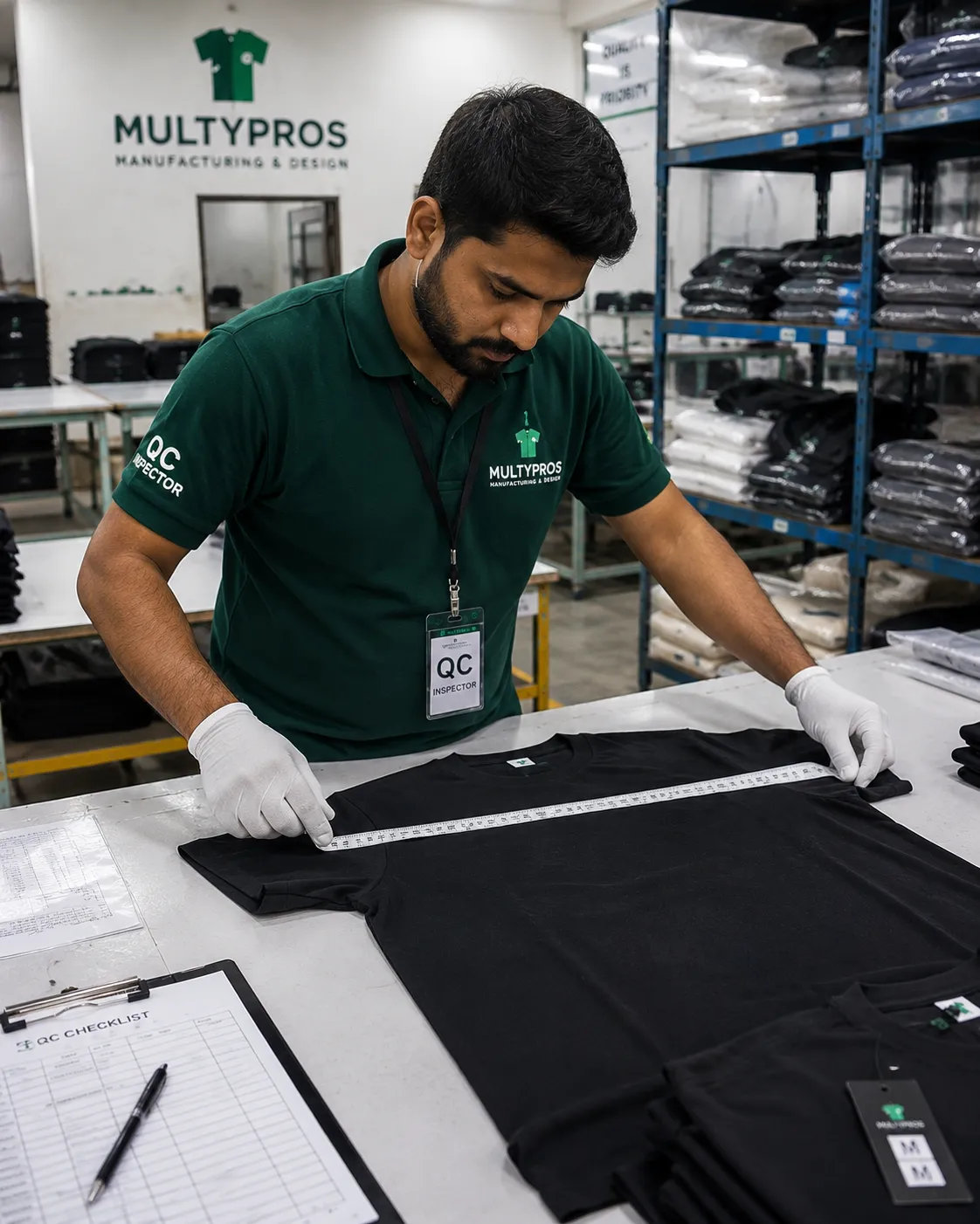 QC inspector measuring a garment