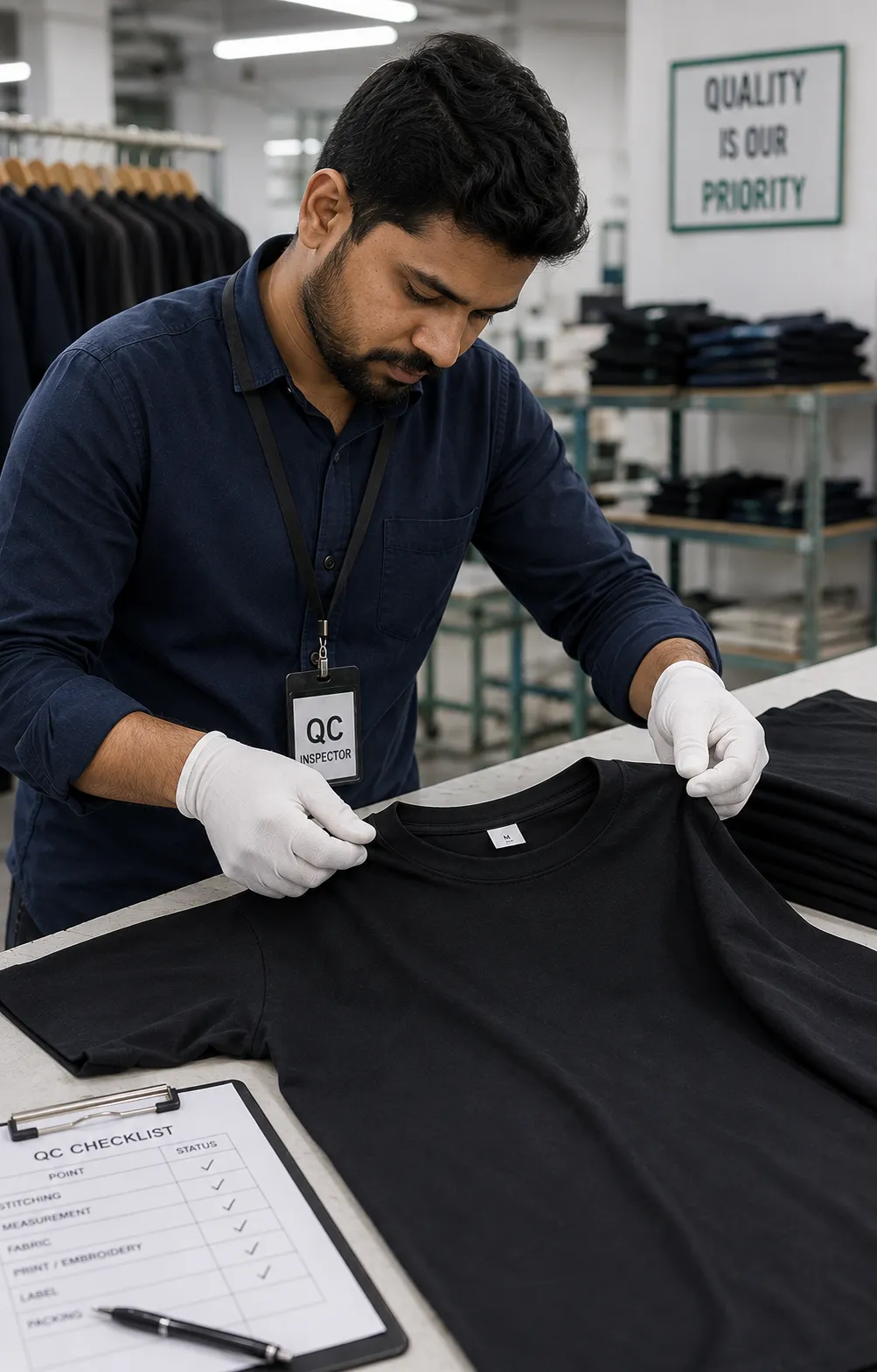 QC inspector at work checking a garment