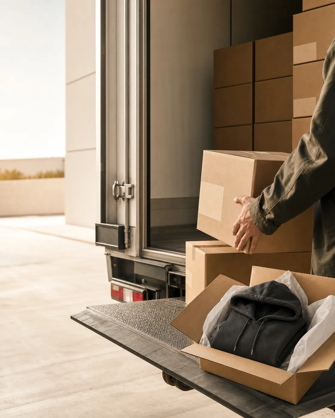 Custom apparel cartons being loaded for worldwide shipping
