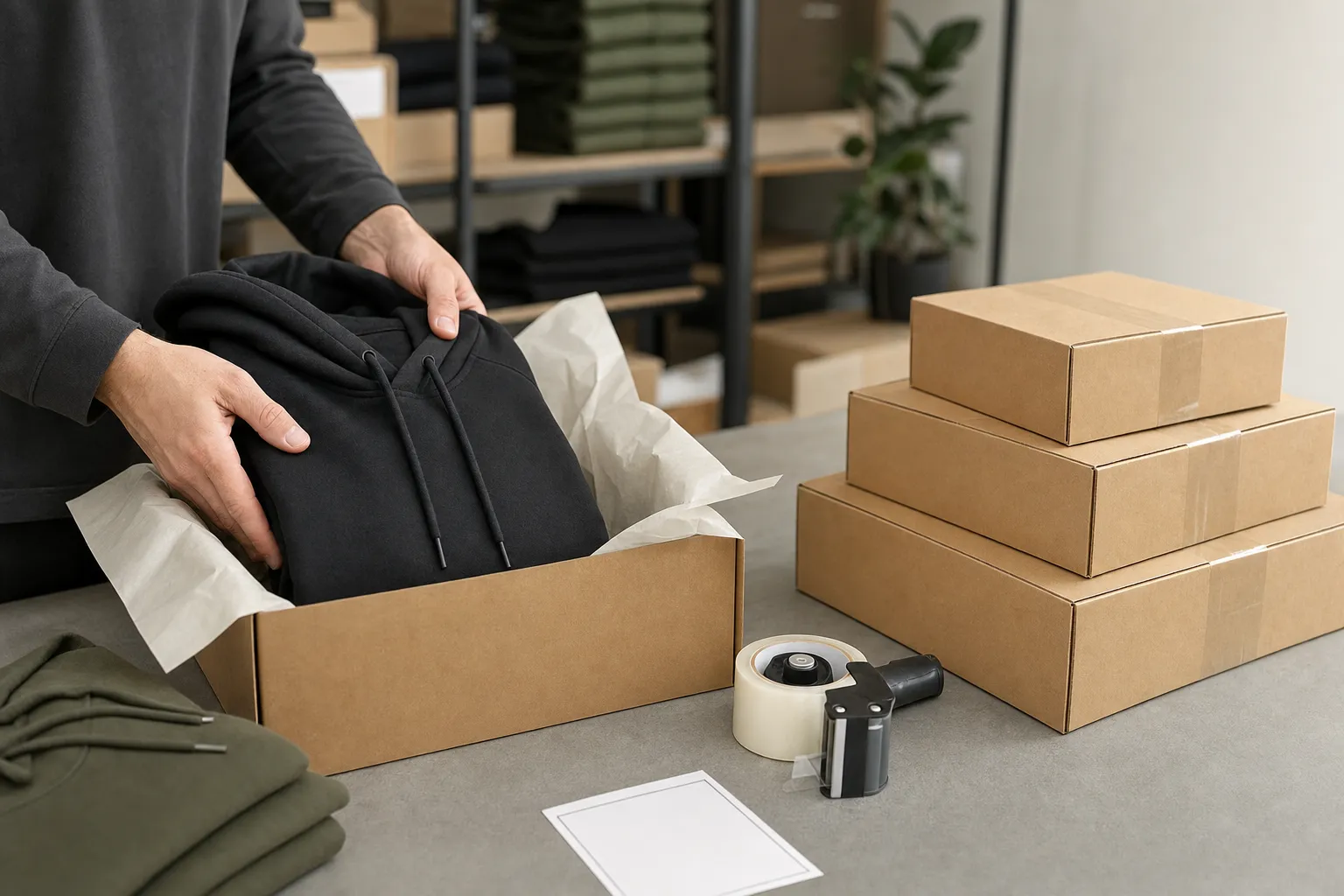 Custom hoodie being packed securely for international apparel shipping
