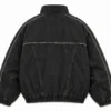 bomber-jacket-vintage-back Back view of a vintage bomber jacket in washed black denim with a structured stand collar, contrast piping, long sleeves and elastic waistband for a classic utility-inspired look.