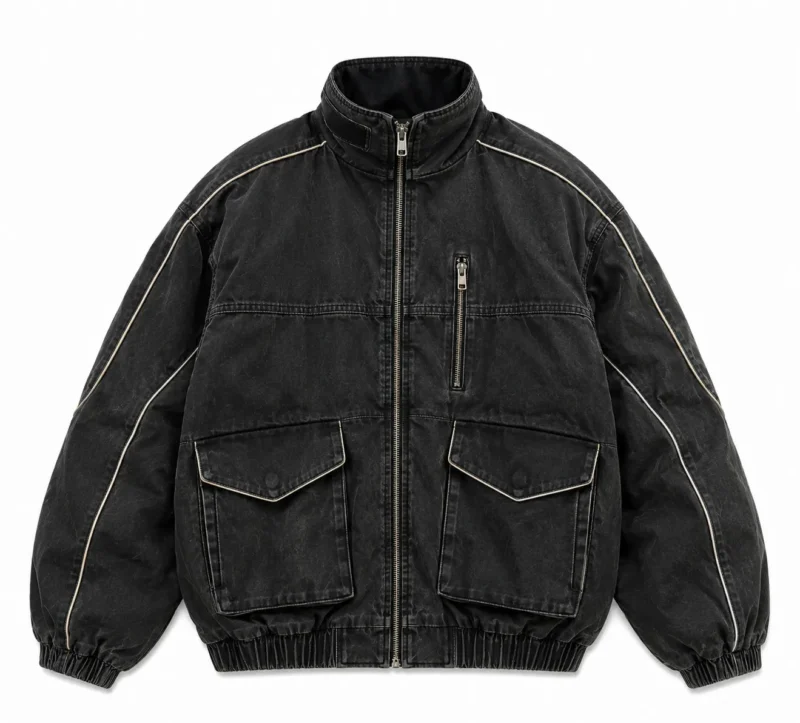 bomber-jacket-vintage-front Vintage bomber jacket in washed black denim featuring a stand collar, full front zipper, large flap pockets, chest zip pocket, contrast piping, elastic cuffs and waistband.