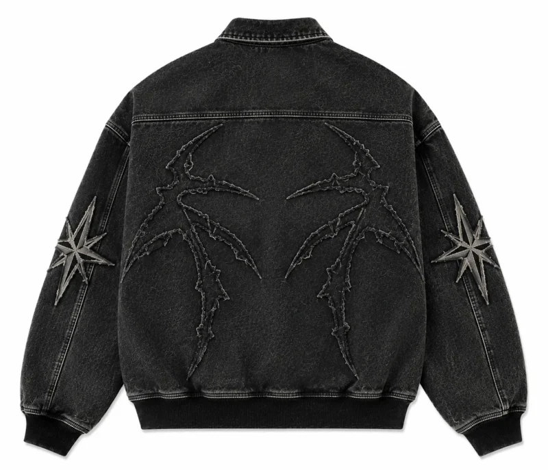 custom-jean-jacket-back Back view of a custom jean jacket in washed black denim, featuring a structured collar, long sleeves, ribbed cuffs and hem, with space for custom embroidery and branding.