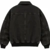 custom-retro-bomber-jacket-back Back view of a retro bomber jacket in washed black denim with a classic collar, structured panel detailing, ribbed waistband and cuffs, and a vintage-inspired streetwear silhouette.