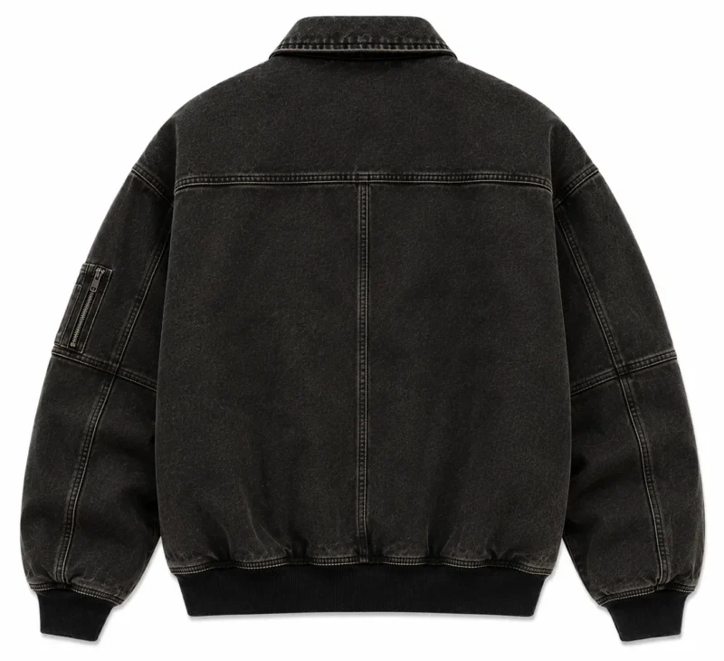 custom-retro-bomber-jacket-back Back view of a retro bomber jacket in washed black denim with a classic collar, structured panel detailing, ribbed waistband and cuffs, and a vintage-inspired streetwear silhouette.
