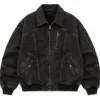 custom-retro-bomber-jacket-front Retro bomber jacket in washed black denim featuring a full front zipper, pointed collar, multiple zip pockets, flap pockets, ribbed cuffs and waistband, and vintage-inspired construction.