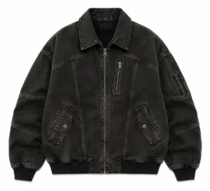 custom-retro-bomber-jacket-front Retro bomber jacket in washed black denim featuring a full front zipper, pointed collar, multiple zip pockets, flap pockets, ribbed cuffs and waistband, and vintage-inspired construction.