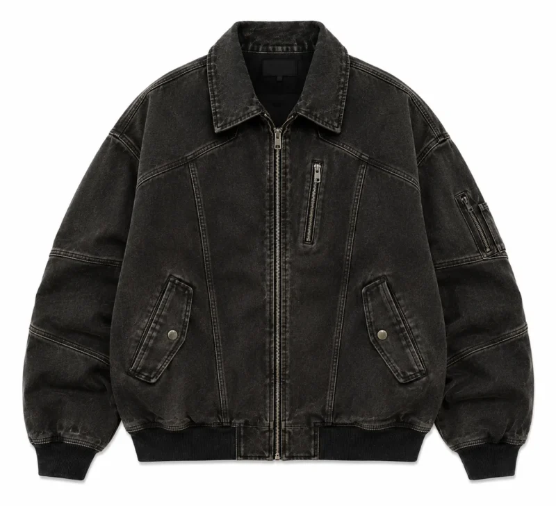 custom-retro-bomber-jacket-front Retro bomber jacket in washed black denim featuring a full front zipper, pointed collar, multiple zip pockets, flap pockets, ribbed cuffs and waistband, and vintage-inspired construction.