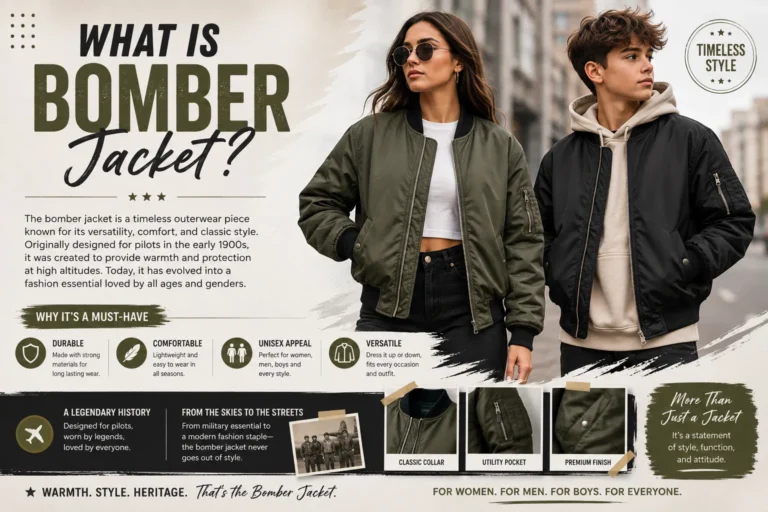 bomber jacket is a short, versatile jacket originally designed for military pilots. It typically features a zip-front closure, fitted cuffs, a ribbed waistband, and a practical yet stylish design.