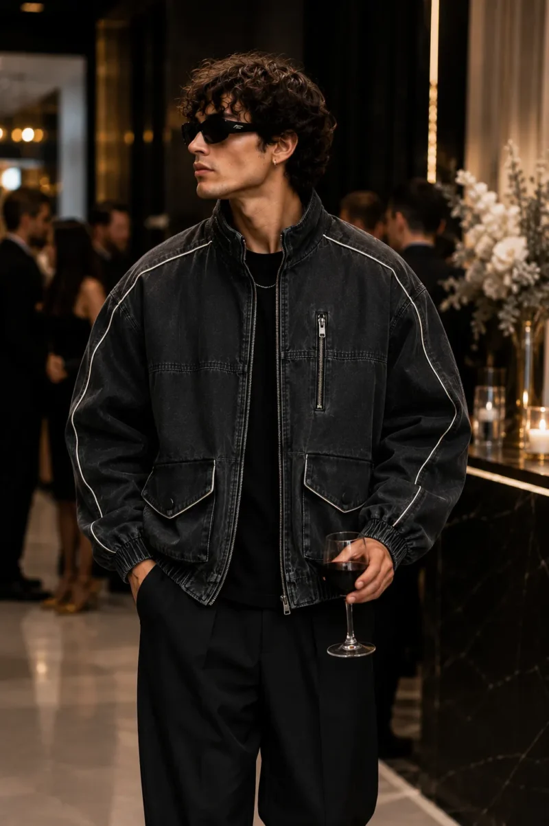men-wearing-bomber-jacket-vintage Men's vintage bomber jacket styled for streetwear, featuring washed black denim, stand collar, full zip closure, utility pockets, contrast piping and elastic waistband.