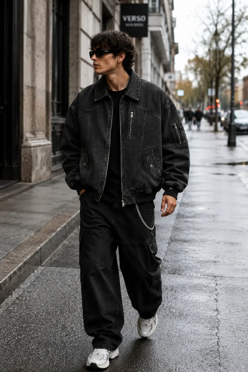 men-wearing-retro-bomber-jacket Men's retro bomber jacket styled for modern streetwear, featuring washed black denim, full zip closure, pointed collar, utility pockets, ribbed waistband and cuffs, and vintage detailing.