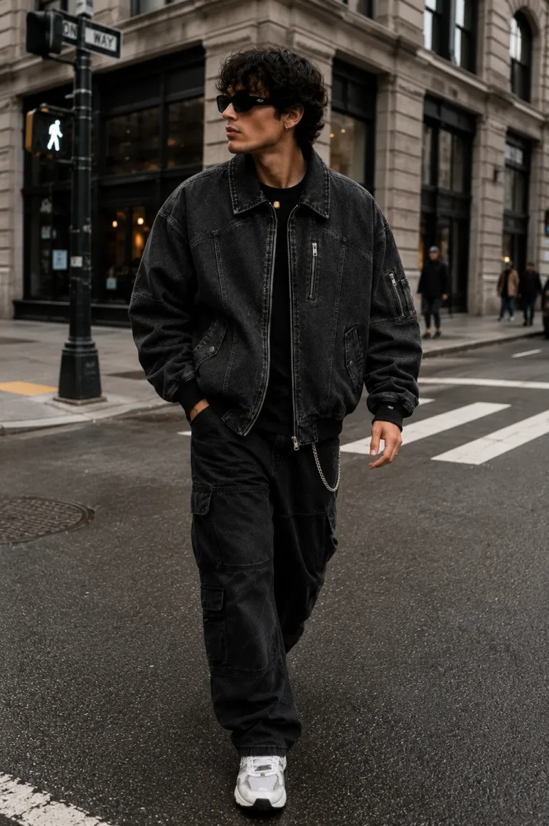 mens-retro-bomber-jacket-streetwear Man wearing a retro bomber jacket made from washed black denim, featuring a full zipper, multiple secure pockets, ribbed cuffs and waistband, and a vintage streetwear-inspired design.