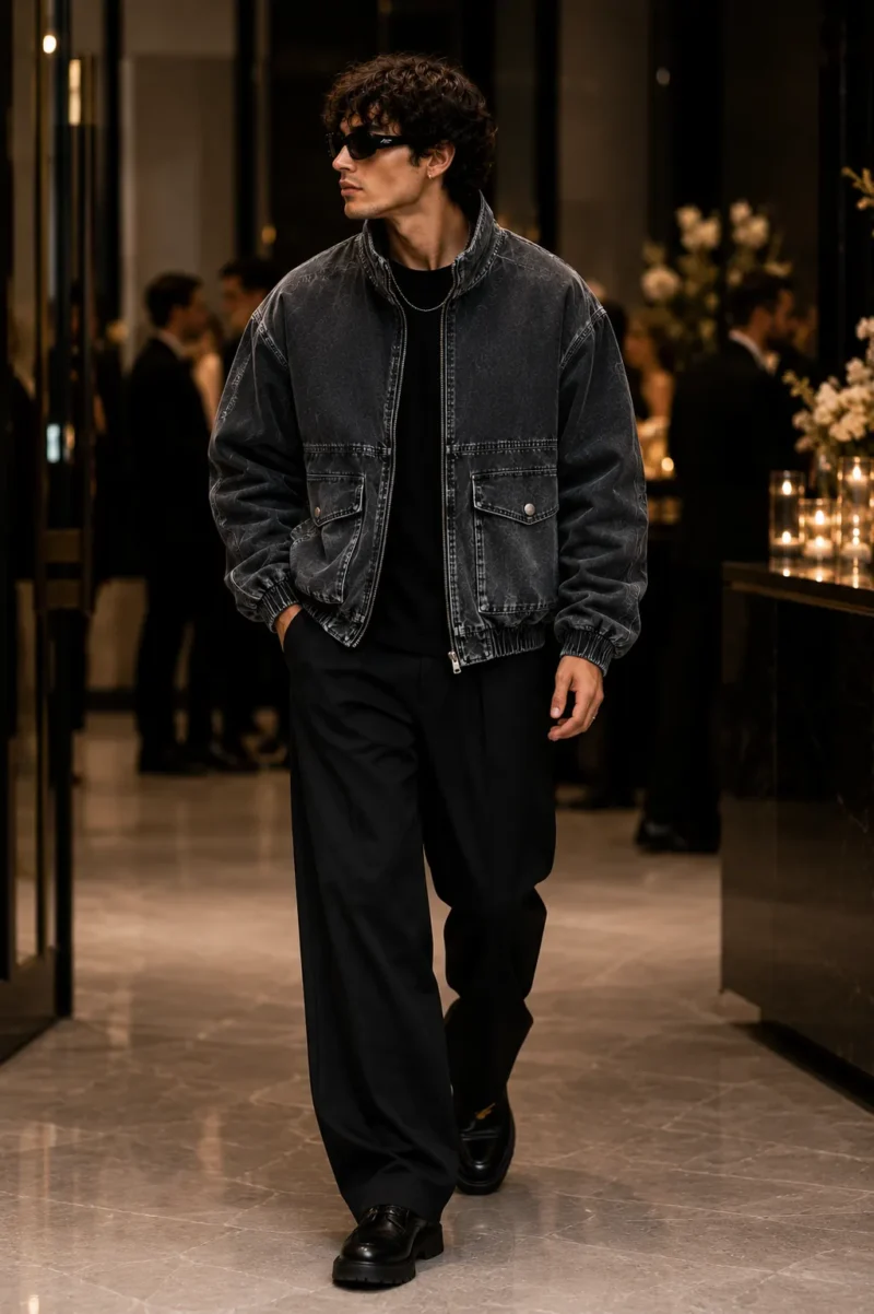 mens-vintage-bomber-jacket-streetwear Man wearing a vintage bomber jacket in washed black denim with a full zipper, large flap pockets, chest zip pocket, contrast piping and elastic cuffs for modern streetwear.
