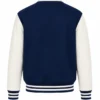 Blue varsity jacket back view with contrasting white leather sleeves, striped ribbed waistband and cuffs, classic letterman styling and customizable back design.