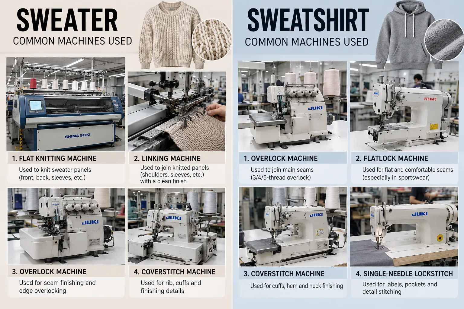 Common machines used in sweater and sweatshirt manufacturing