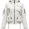 White techwear jacket featuring a high stand collar, detachable hood, multiple utility pockets, zip closures, adjustable straps, metal buckles and futuristic functional detailing.
