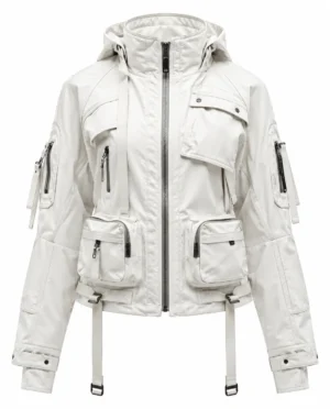 White techwear jacket featuring a high stand collar, detachable hood, multiple utility pockets, zip closures, adjustable straps, metal buckles and futuristic functional detailing.