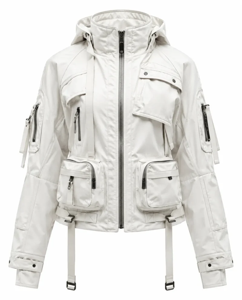 White techwear jacket featuring a high stand collar, detachable hood, multiple utility pockets, zip closures, adjustable straps, metal buckles and futuristic functional detailing.