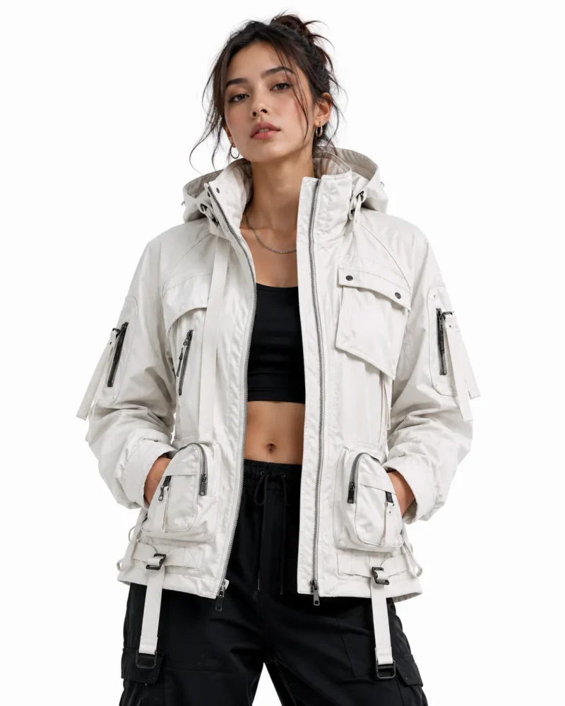 Woman wearing a white techwear jacket featuring multiple cargo pockets, high collar, hood, front zipper, adjustable straps and technical details for a futuristic streetwear look.