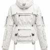 Back view of a women's techwear jacket with a high collar, hood, adjustable straps, structured panels and long sleeves, creating a futuristic utility-inspired silhouette.