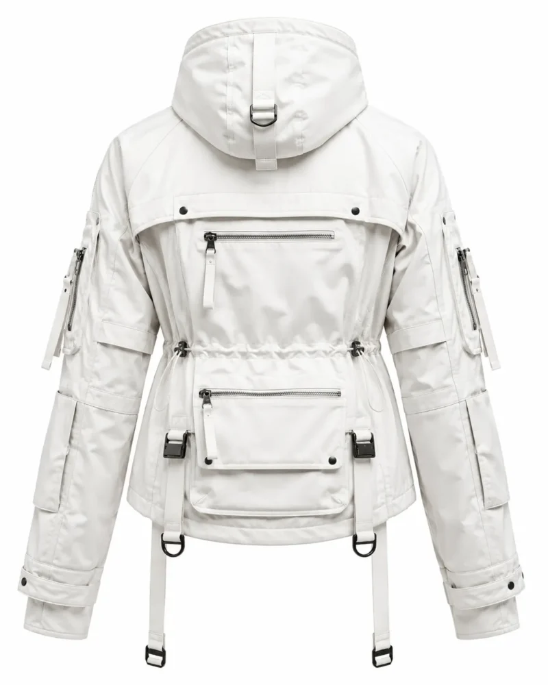 Back view of a women's techwear jacket with a high collar, hood, adjustable straps, structured panels and long sleeves, creating a futuristic utility-inspired silhouette.